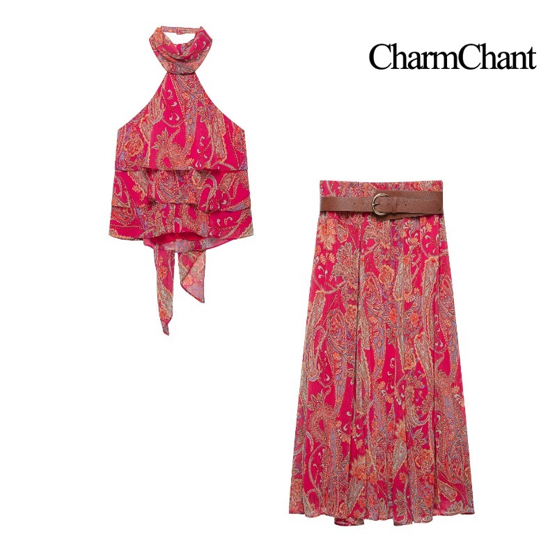 Summer Clothing Accessories - CHARMCHANT 여성용 페이즐리 프린트 홀터넥 러플