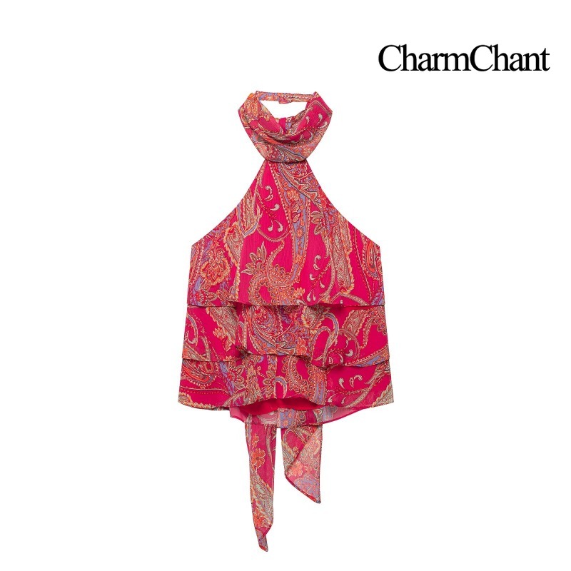 CHARMCHANT 여성용 페이즐리 프린트 홀터넥 러플 - Summer Clothing Accessories 리뷰 및 가격