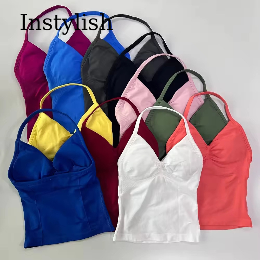 여성용 심리스 요가 2피스 세트, 홀터 V넥 러치드 캐 - Halter Neck Top 리뷰 및 가격