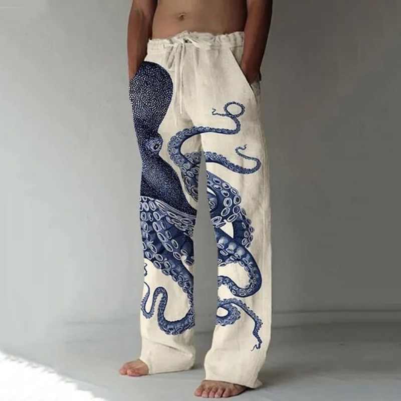 일본 예술 문어 그래픽 프린트 캐주얼 바지 빈티지 롱  - Summer Clothing Men 2025 리뷰 및 가격
