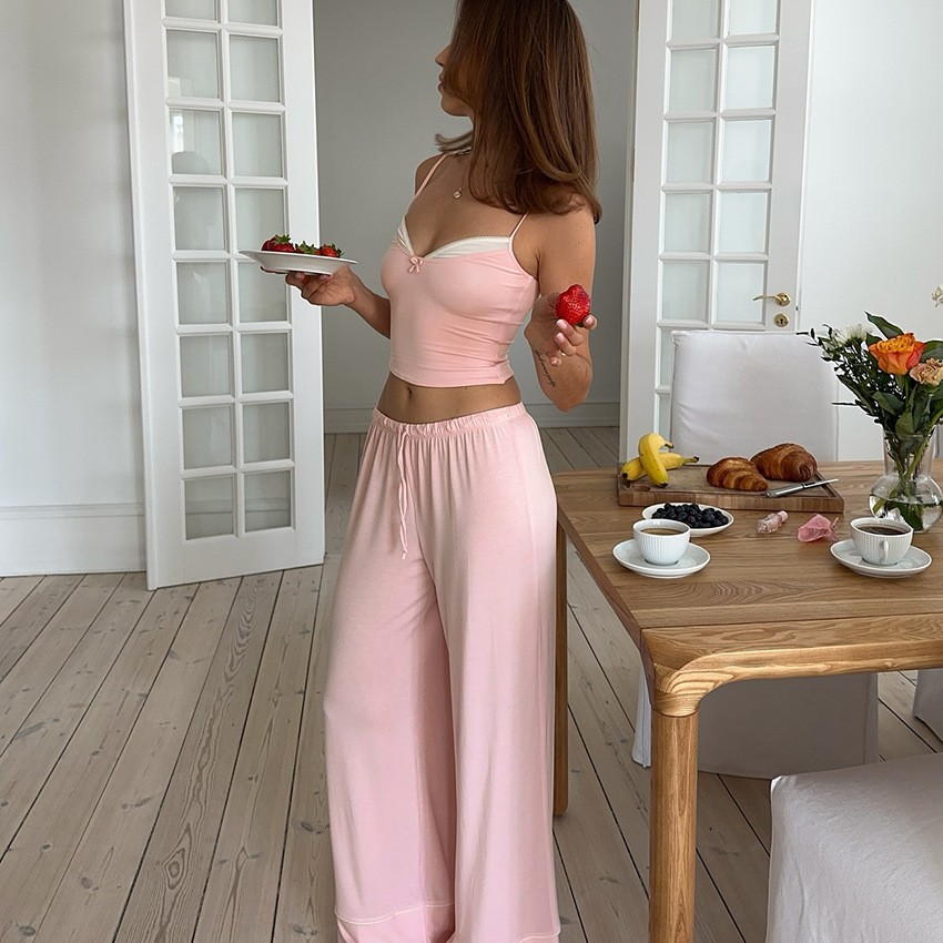 여름 여성 의류 딥 V넥 리본 캐미 잠옷 세트 롱 팬츠 - Summer Clothing For Women 리뷰 및 가격